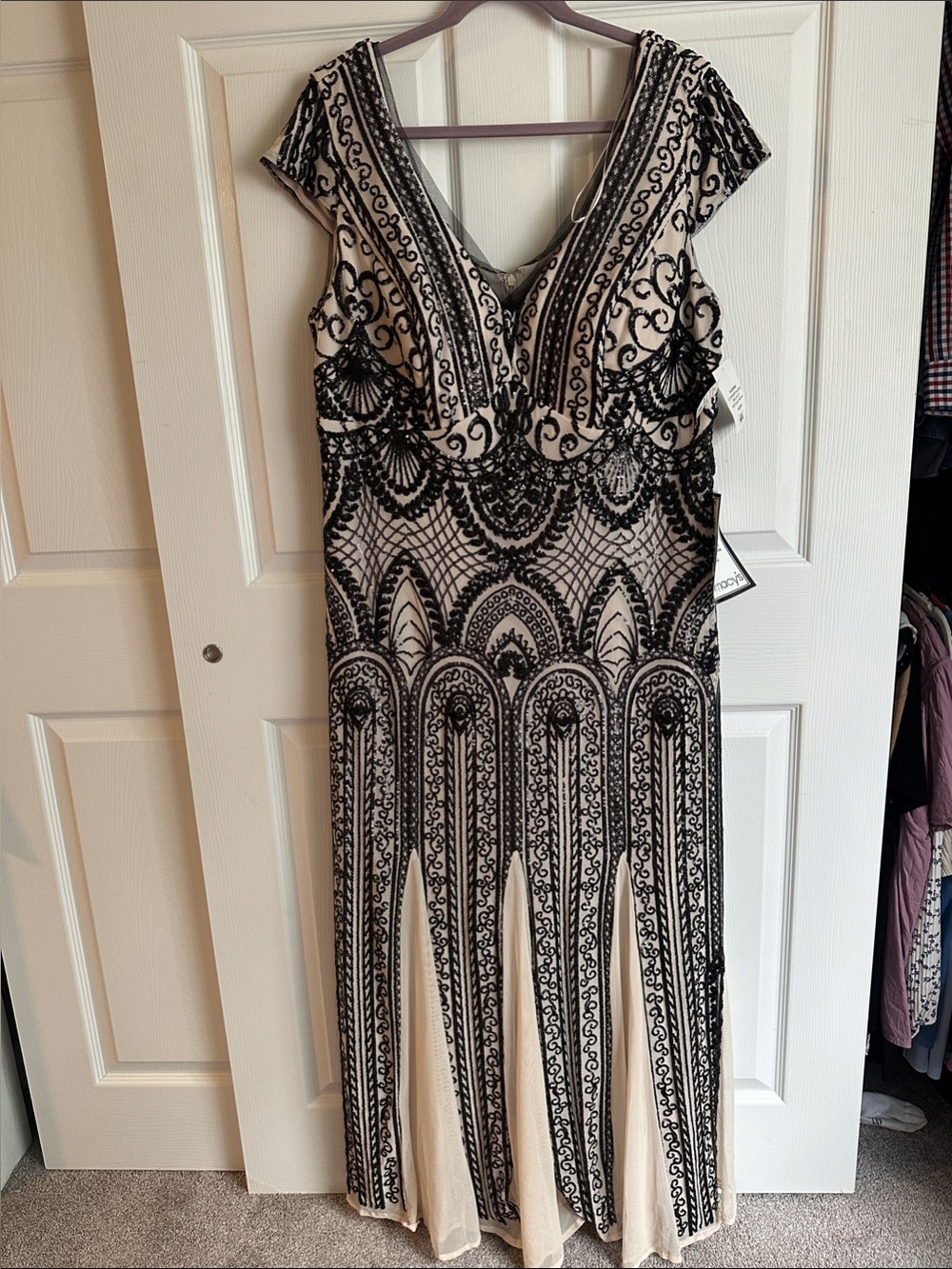 R&M Richards Black Beaded Lace Maxi Dress on Cream